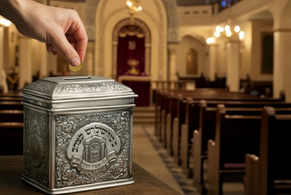 A hand placing a donation in a silver collection box inside a church.