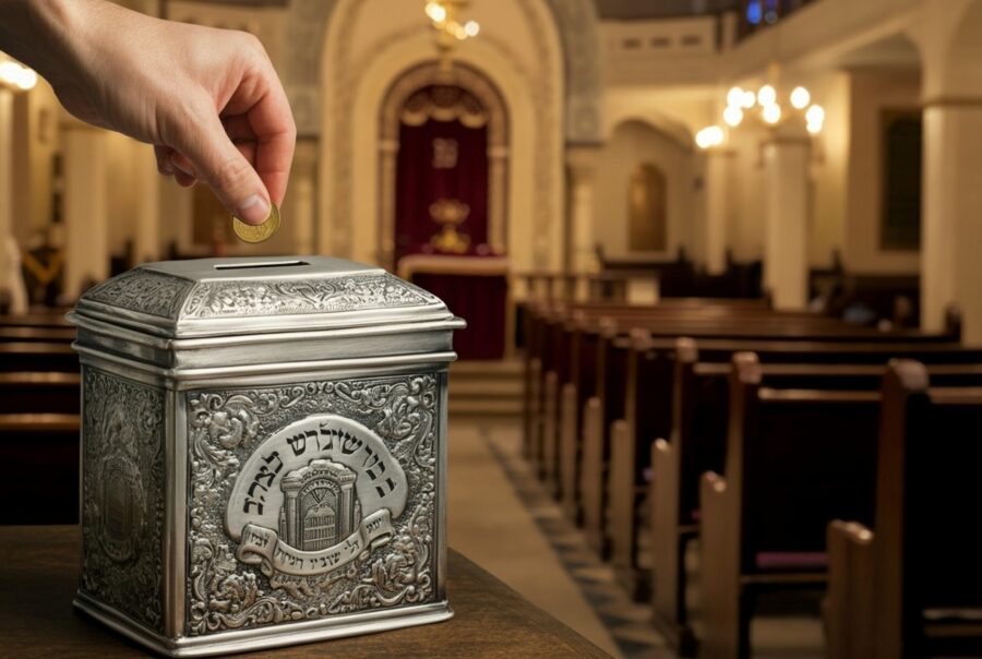 A hand placing a donation in a silver collection box inside a church.